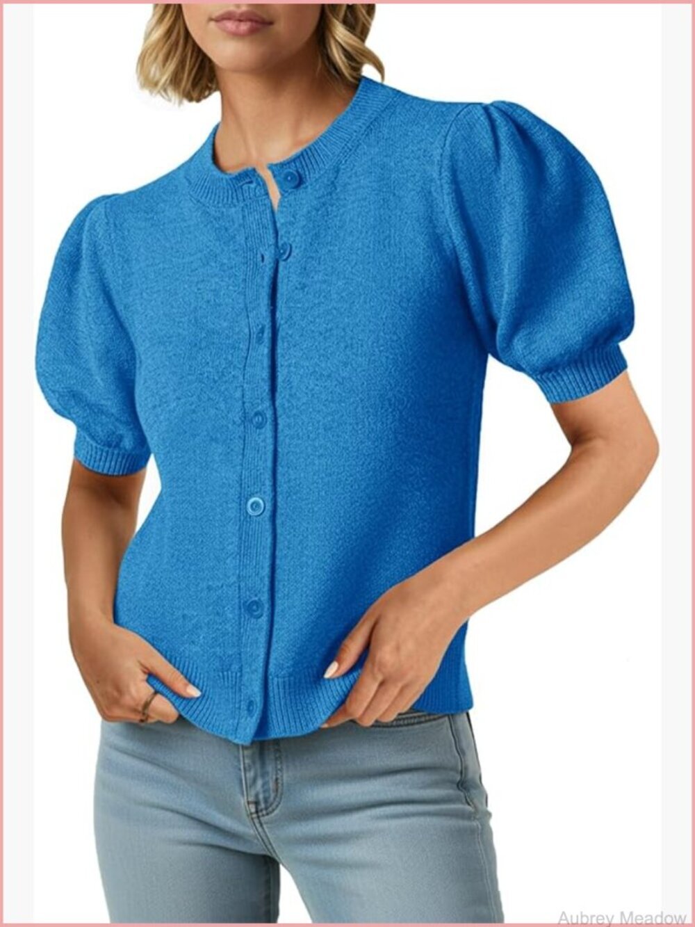Womens Puff Short Sleeve Cardigan Casual Summer Button Down Lightweight Knit